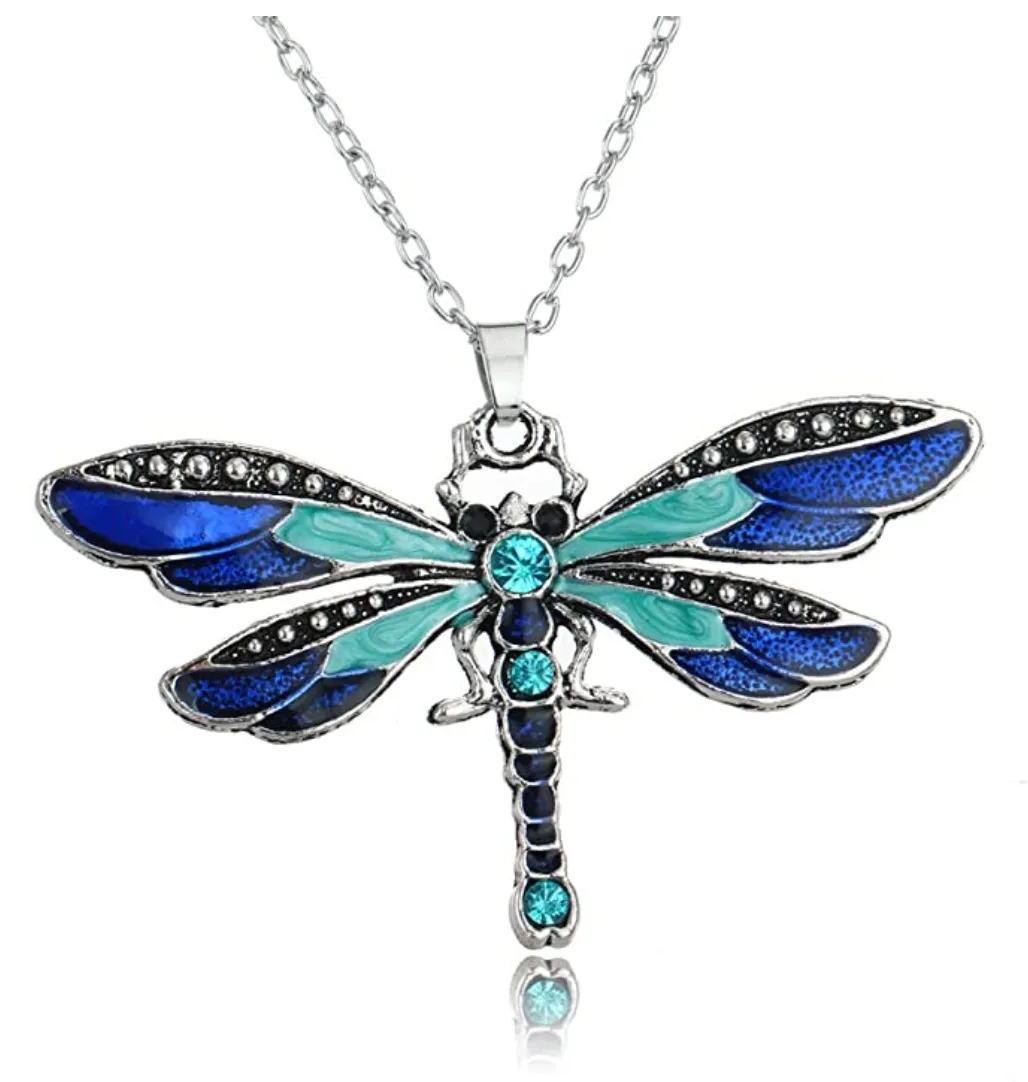 Blue Vintage Bohemian Dragonfly Pendant Necklace Dragonfly Jewelry Chain Birthday Gift 18in.