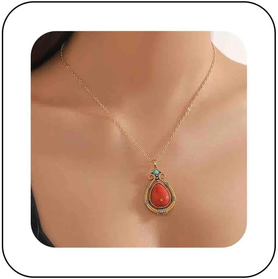 Bohemian Teardrop Coral Choker Necklace Gold Coral Stone Pendant Necklace Red Turquoise Chain Necklace Ethnic Natural Gemstone Necklace Jewelry for Women Gifts