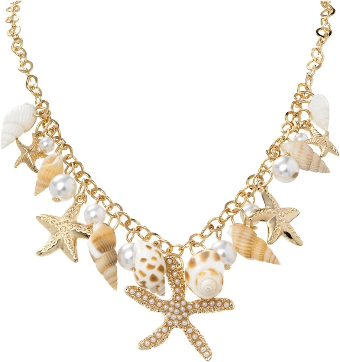 Boho Starfish Necklace for Women Adjustable Natural Conch Pearl Seashell Choker Chunky Layered Shell Necklace Ocean-Themed Beach Summer Charm Jewelry