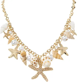Boho Starfish Necklace for Women Adjustable Natural Conch Pearl Seashell Choker Chunky Layered Shell Necklace Ocean-Themed Beach Summer Charm Jewelry