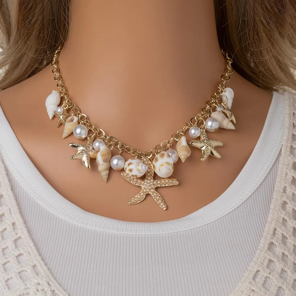 Boho Starfish Necklace for Women Adjustable Natural Conch Pearl Seashell Choker Chunky Layered Shell Necklace Ocean-Themed Beach Summer Charm Jewelry