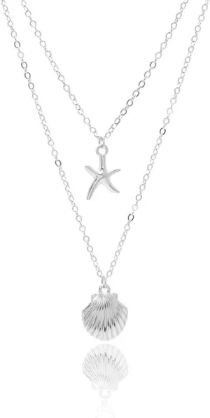 Boho Starfish Seashell Layered Necklace Gold Silver Plated Dainty Charm Double Layer Sea Shell Lucky Stars Ocean Animal Chain Necklace for Women Hawaiian Summer Beach Vacation Trendy Jewelry Gifts
