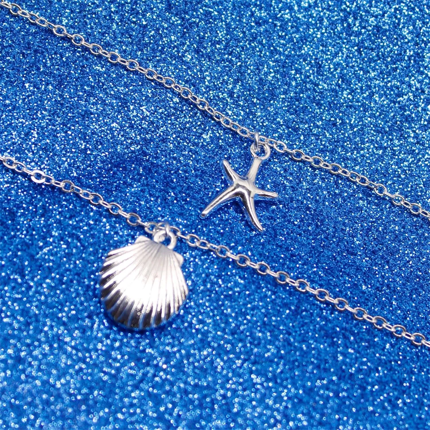 Boho Starfish Seashell Layered Necklace Gold Silver Plated Dainty Charm Double Layer Sea Shell Lucky Stars Ocean Animal Chain Necklace for Women Hawaiian Summer Beach Vacation Trendy Jewelry Gifts