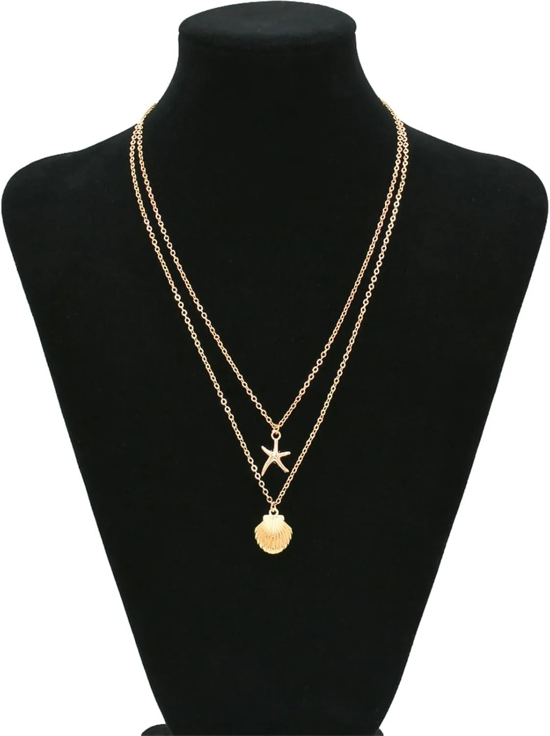 Boho Starfish Seashell Layered Necklace Gold Silver Plated Dainty Charm Double Layer Sea Shell Lucky Stars Ocean Animal Chain Necklace for Women Hawaiian Summer Beach Vacation Trendy Jewelry Gifts