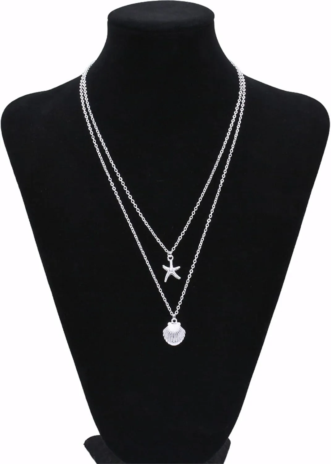 Boho Starfish Seashell Layered Necklace Gold Silver Plated Dainty Charm Double Layer Sea Shell Lucky Stars Ocean Animal Chain Necklace for Women Hawaiian Summer Beach Vacation Trendy Jewelry Gifts