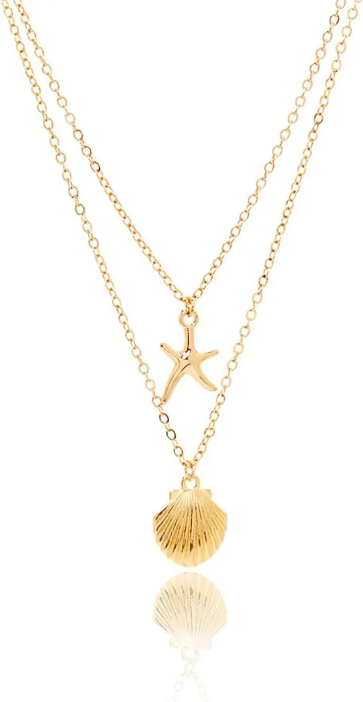 Boho Starfish Seashell Layered Necklace Gold Silver Plated Dainty Charm Double Layer Sea Shell Lucky Stars Ocean Animal Chain Necklace for Women Hawaiian Summer Beach Vacation Trendy Jewelry Gifts