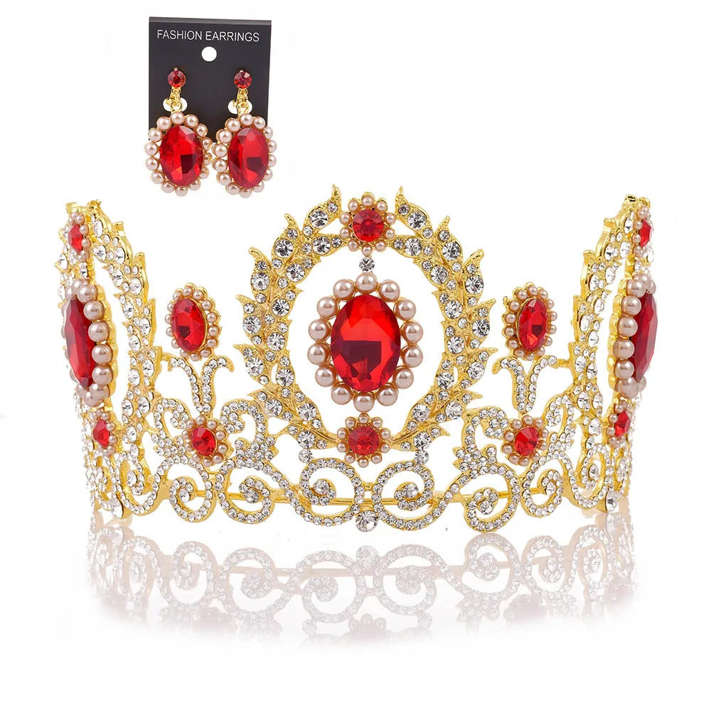 Bridal Tiara Crown Earrings Set Baroque Retro Large Crown Rhinestone Pearl Wedding Accessories