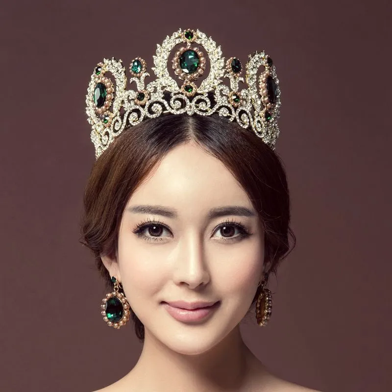 Bridal Tiara Crown Earrings Set Baroque Retro Large Crown Rhinestone Pearl Wedding Accessories