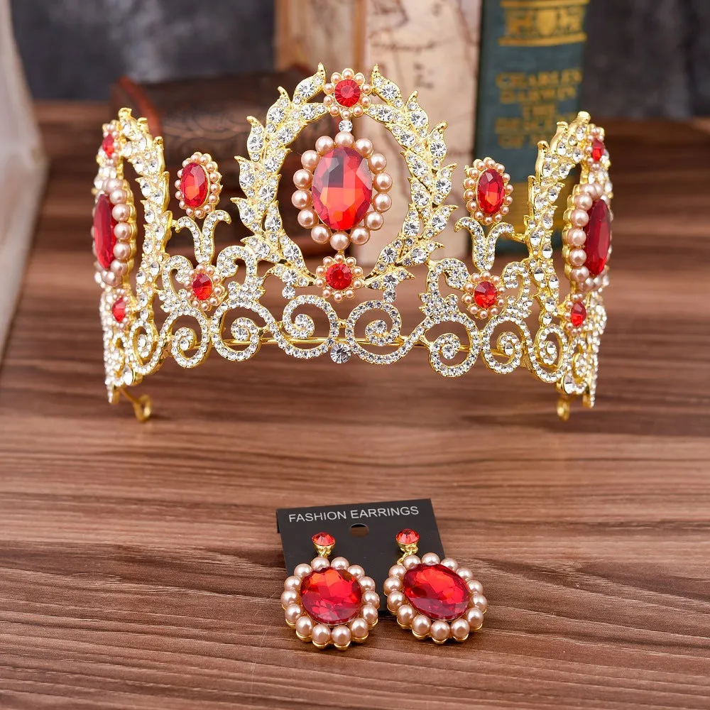 Bridal Tiara Crown Earrings Set Baroque Retro Large Crown Rhinestone Pearl Wedding Accessories