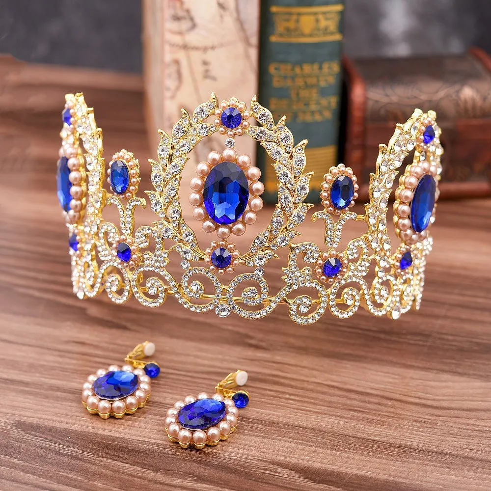 Bridal Tiara Crown Earrings Set Baroque Retro Large Crown Rhinestone Pearl Wedding Accessories