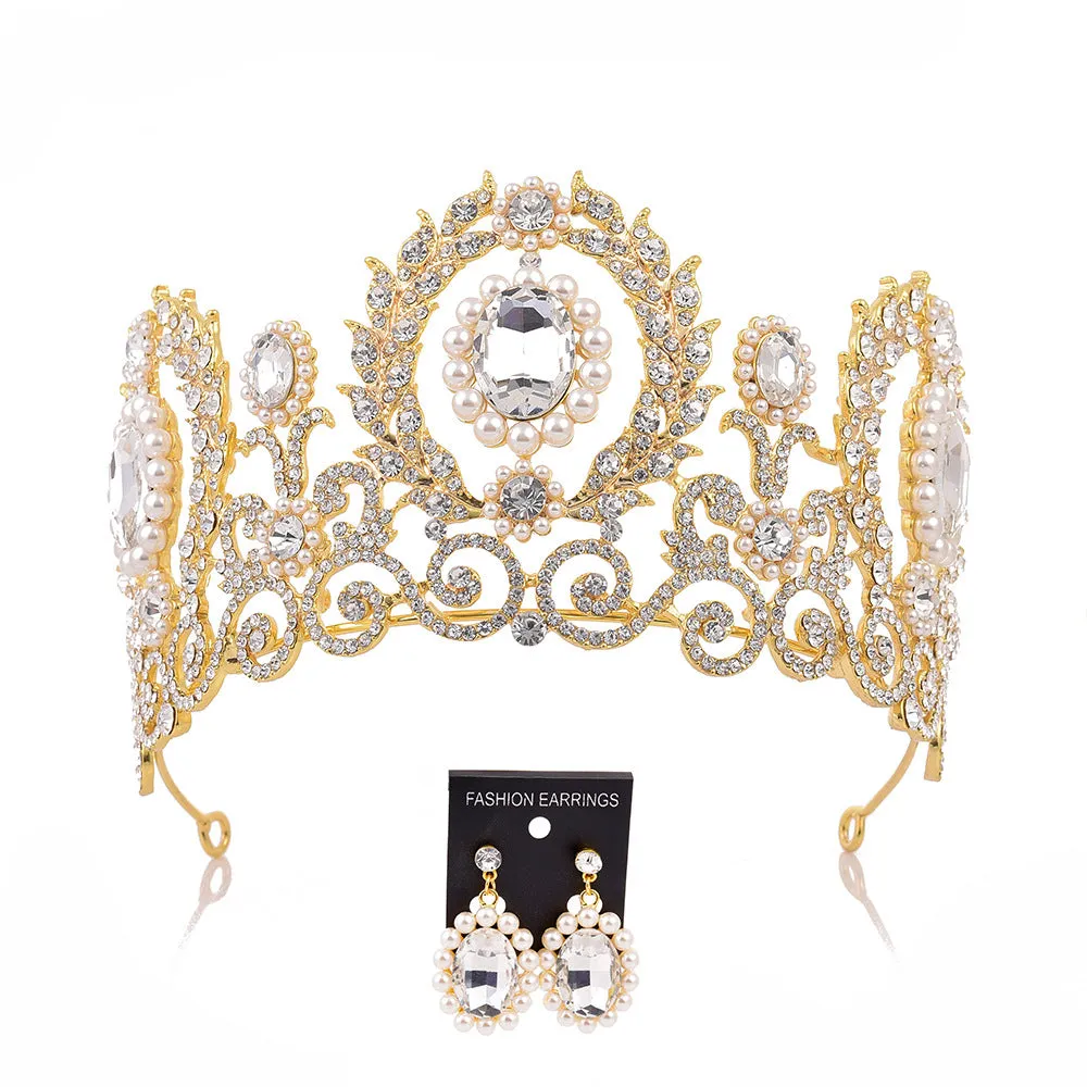 Bridal Tiara Crown Earrings Set Baroque Retro Large Crown Rhinestone Pearl Wedding Accessories