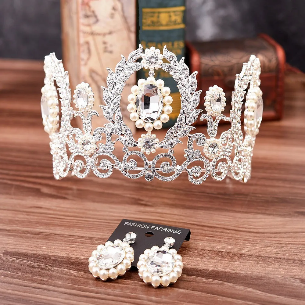 Bridal Tiara Crown Earrings Set Baroque Retro Large Crown Rhinestone Pearl Wedding Accessories