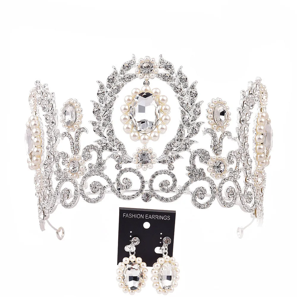 Bridal Tiara Crown Earrings Set Baroque Retro Large Crown Rhinestone Pearl Wedding Accessories
