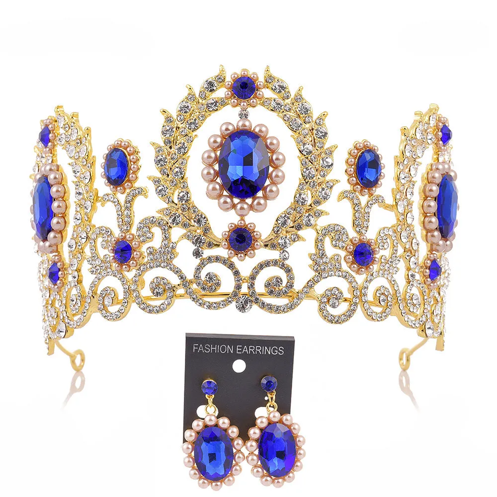 Bridal Tiara Crown Earrings Set Baroque Retro Large Crown Rhinestone Pearl Wedding Accessories