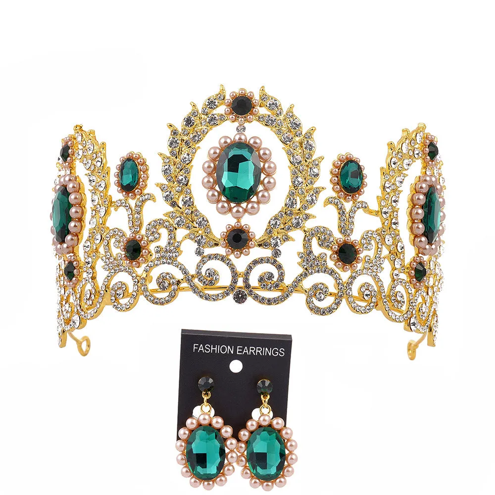 Bridal Tiara Crown Earrings Set Baroque Retro Large Crown Rhinestone Pearl Wedding Accessories