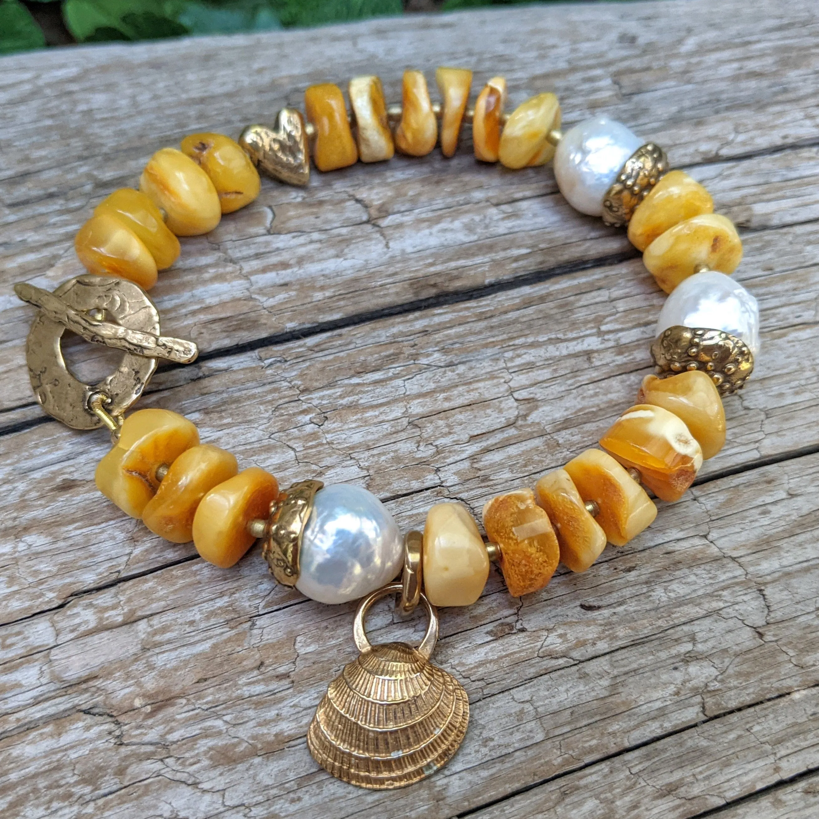 Butterscotch Baltic Amber & White Edison Pearl Bracelet