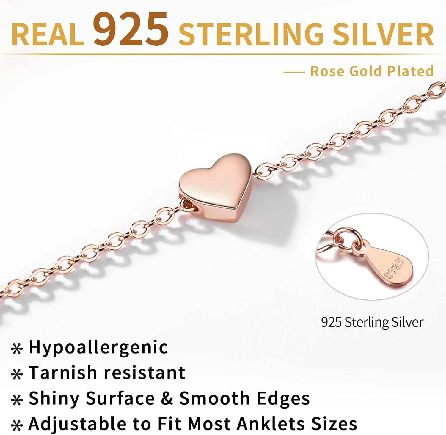 ChicSilver Personalized 925 Sterling Silver Tiny Heart/Moon/Star/Sun/Dot/Triangle Anklets Simple Dainty Foot Jewelry for Women, Silver/Gold/Rose Gold(with Gift Box)