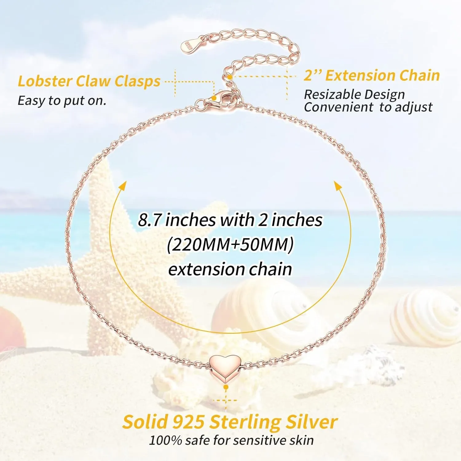 ChicSilver Personalized 925 Sterling Silver Tiny Heart/Moon/Star/Sun/Dot/Triangle Anklets Simple Dainty Foot Jewelry for Women, Silver/Gold/Rose Gold(with Gift Box)