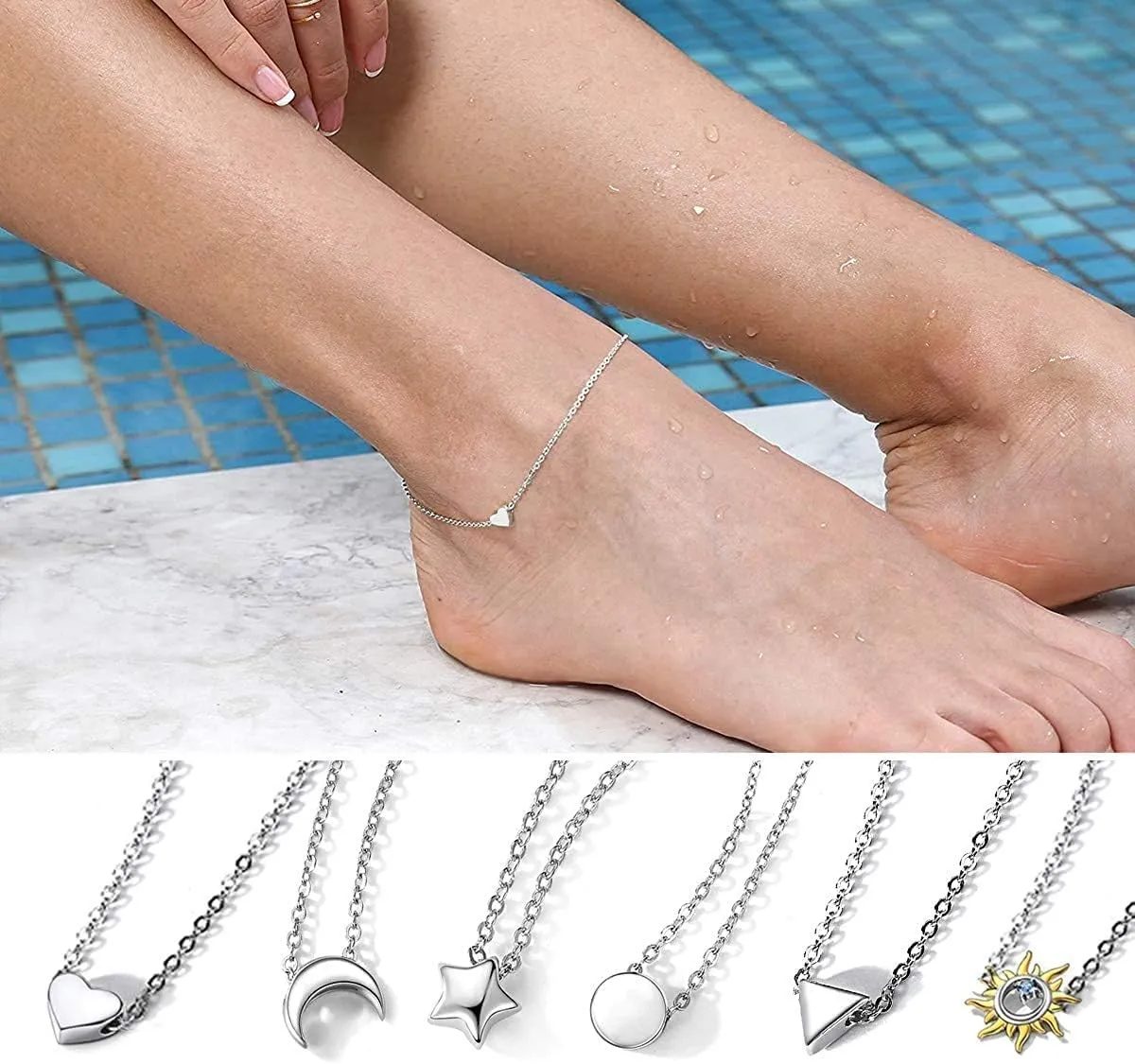 ChicSilver Personalized 925 Sterling Silver Tiny Heart/Moon/Star/Sun/Dot/Triangle Anklets Simple Dainty Foot Jewelry for Women, Silver/Gold/Rose Gold(with Gift Box)
