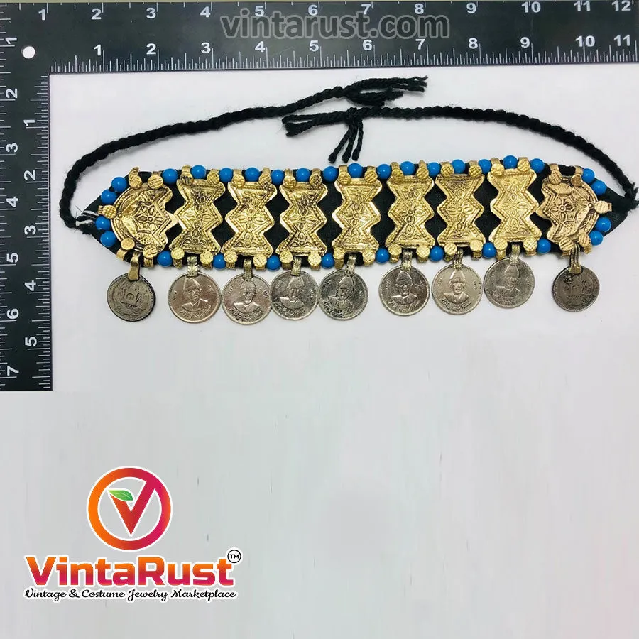 Choker Necklace With Golden Metal Motifs and Turquoise Beads