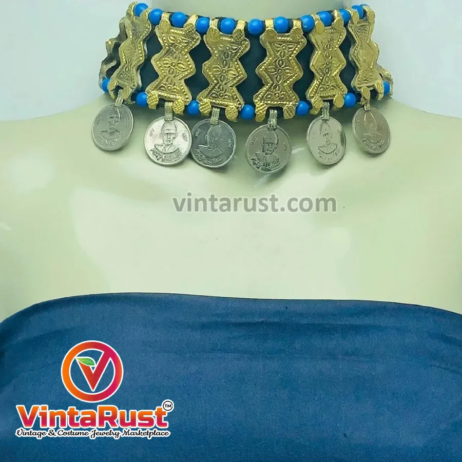 Choker Necklace With Golden Metal Motifs and Turquoise Beads