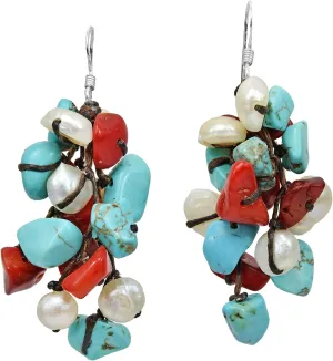 Cluster Simulated Turquoise & Reconstructed Red Coral & Cultured Freshwater White Pearl .925 Sterling Silver Dangle Earrings
