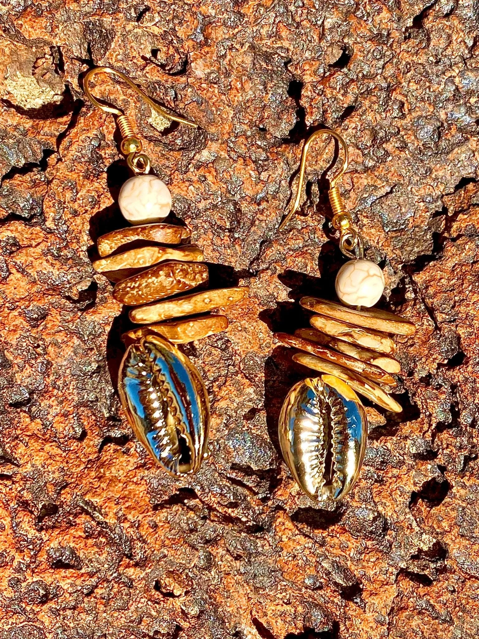 Coconut shell statement drop earrings