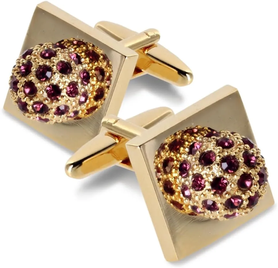 Colored Crystal Studded Flower Cuff Links (Purple/Gold, CL-1210)