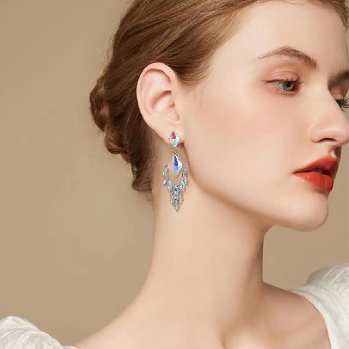 Diamond Austrian Crystal Dangle Oversized Earrings for Women 14K Glod Jewelry