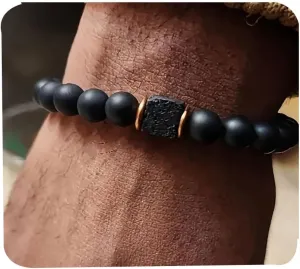 Elastic Adjustable Mens Bracelet - 8mm Black Onyx & Lava Stone Beads Bracelets Jewelry Gift for Men, Beads Charm Bracelet with Elastic Cord, Birthday Gifts for Him Dad Husband