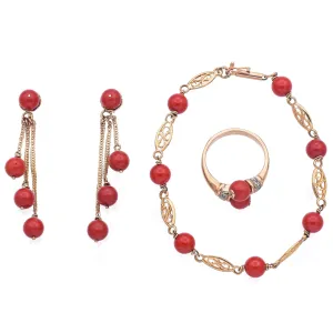 Estate 14K Yellow Gold Red Coral & Diamond Beaded Bracelet, Ring & Earrings Set