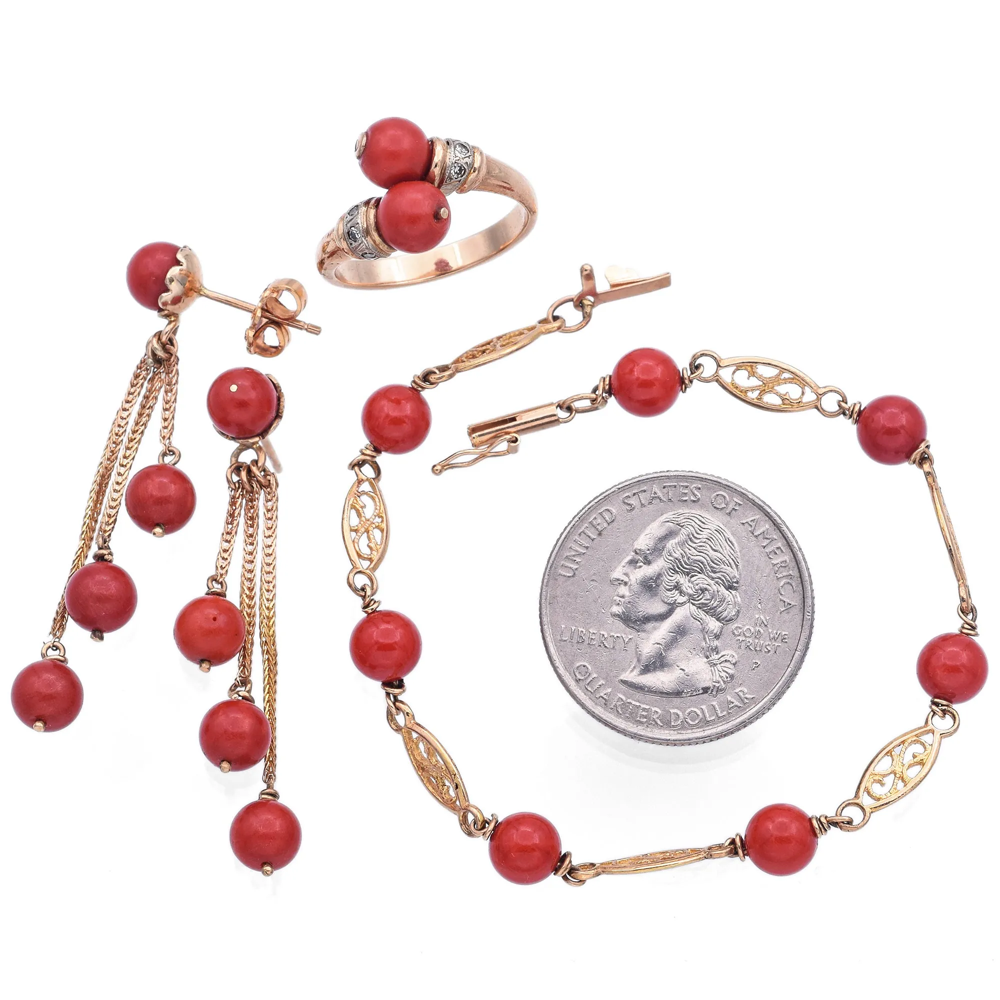 Estate 14K Yellow Gold Red Coral & Diamond Beaded Bracelet, Ring & Earrings Set