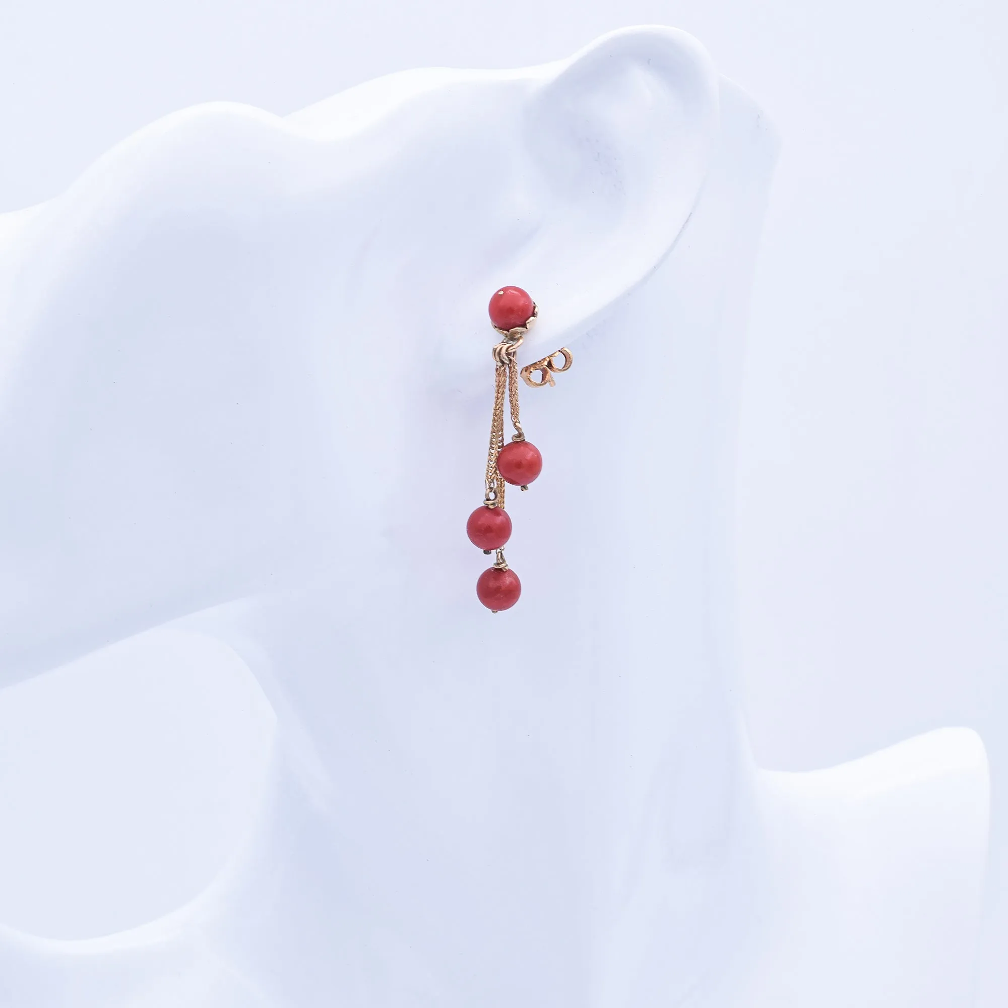 Estate 14K Yellow Gold Red Coral & Diamond Beaded Bracelet, Ring & Earrings Set