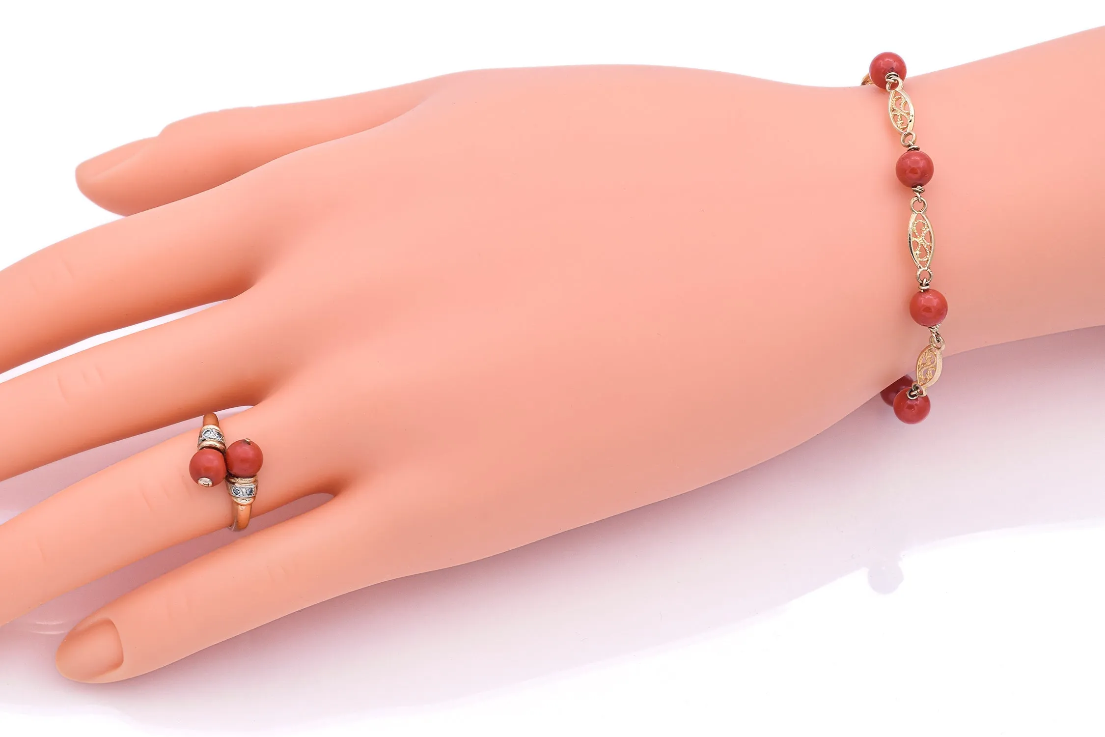 Estate 14K Yellow Gold Red Coral & Diamond Beaded Bracelet, Ring & Earrings Set