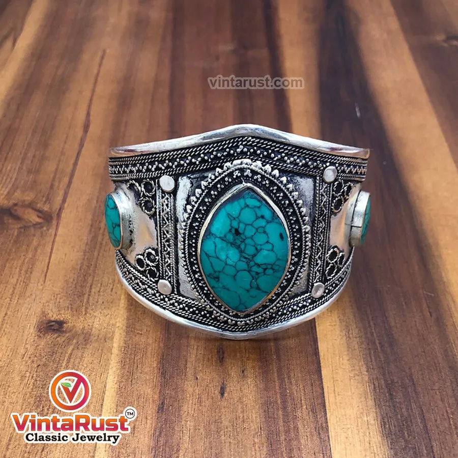 Ethnic Green Stone Handcuff Bracelet