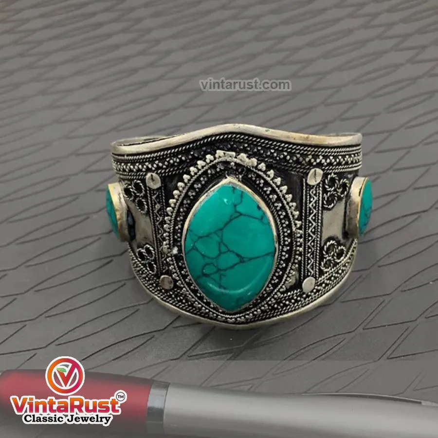 Ethnic Green Stone Handcuff Bracelet