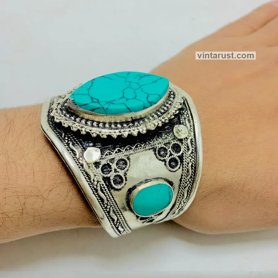 Ethnic Green Stone Handcuff Bracelet