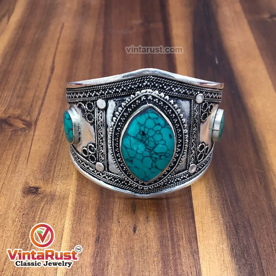 Ethnic Green Stone Handcuff Bracelet