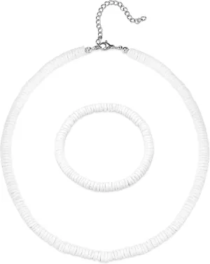 FASACCO Puka Shell Necklace Bracelet Set White Shell Necklace Beach Seashell Necklace Bracelet Hawaiian Surfer Bracelet Necklace Pookah Shells Necklace for Men Women