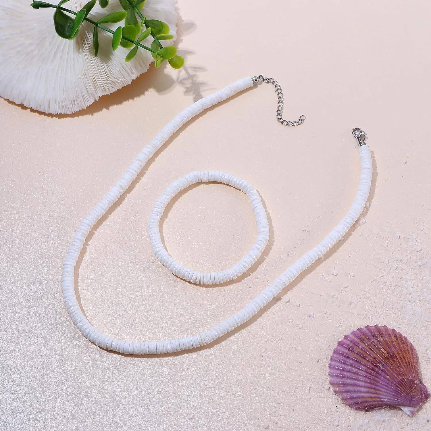 FASACCO Puka Shell Necklace Bracelet Set White Shell Necklace Beach Seashell Necklace Bracelet Hawaiian Surfer Bracelet Necklace Pookah Shells Necklace for Men Women