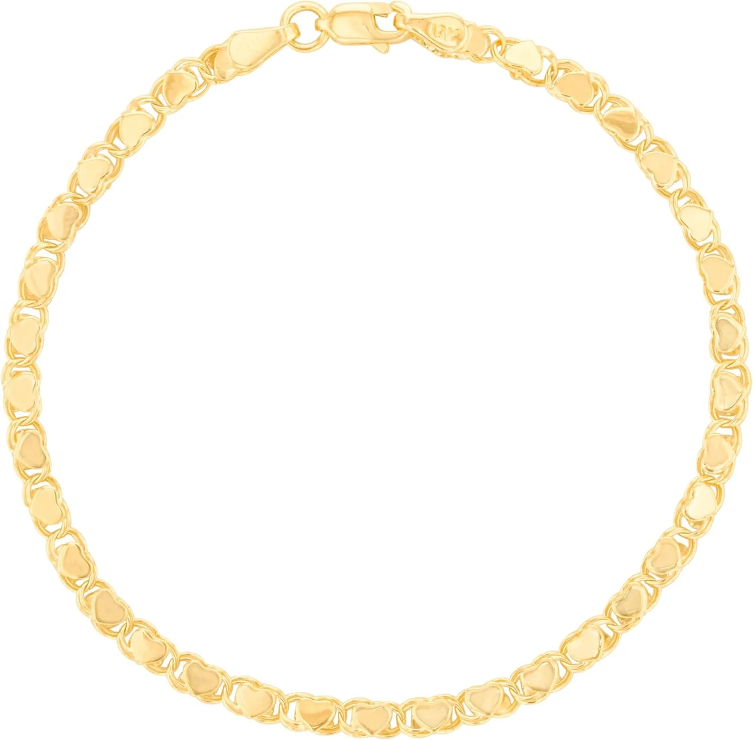 Floreo 10k Yellow Gold 2.6mm Relationship and Friendship Mirror Chain with Double Sided Heart Charms Bracelet or Anklet