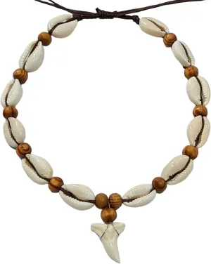 Genuine Mako Shark Tooth Anklet, Handmade Wooden Beads Cowrie Shell Anklet for Women Seashell Jewelry EA390-AK