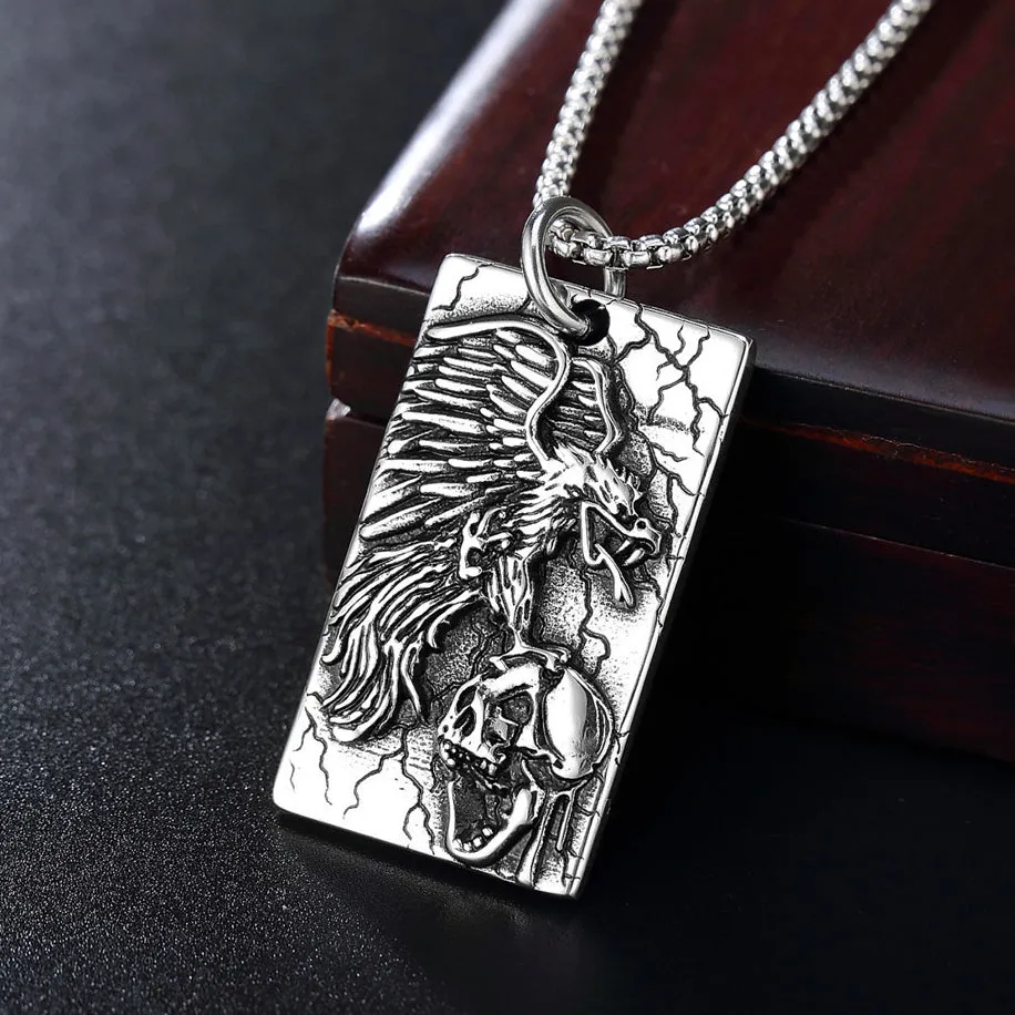 Halloween Eagle Skull Rectangle Titanium Steel Necklace for Men