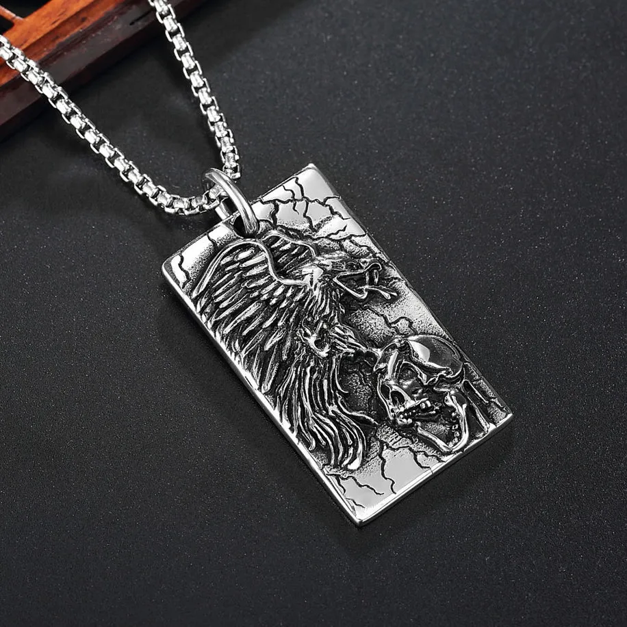 Halloween Eagle Skull Rectangle Titanium Steel Necklace for Men
