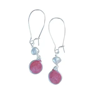 Handmade Lightweight Silvertone Coral Pink Resin and Pearl Drop Earrings on Kidney Wires