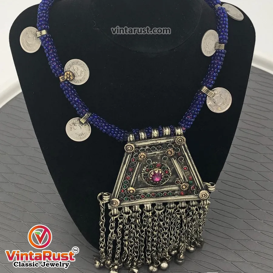 Handmade Tribal Metal Necklace with Beaded Strip