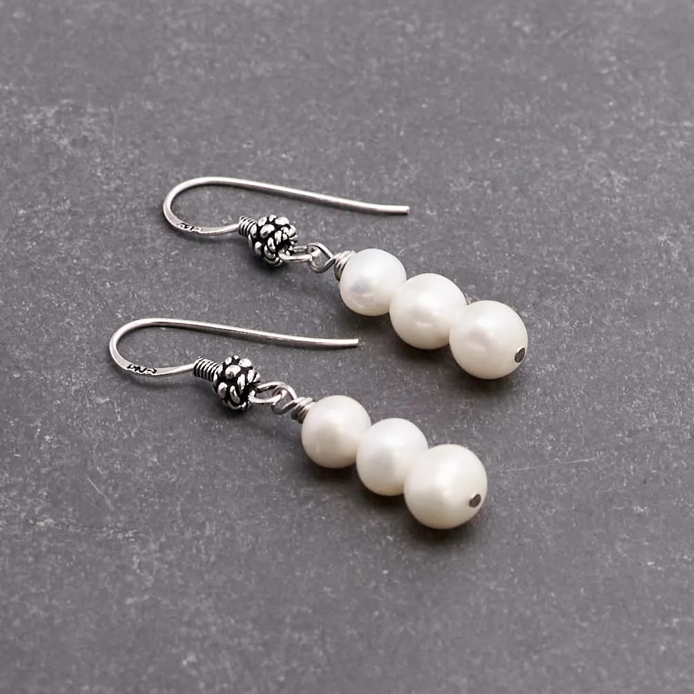 Handmade Women's Natural Gemstone Triple Beads and Sterling Silver Dangle Drop Earrings | Gemstone Beaded Dangle Earrings Gift Ideas for Women, Girls (White Pearl)