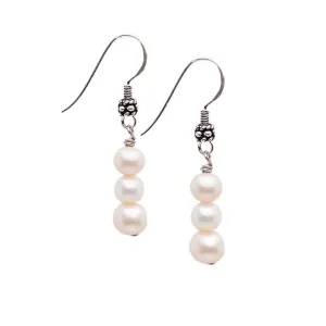 Handmade Women's Natural Gemstone Triple Beads and Sterling Silver Dangle Drop Earrings | Gemstone Beaded Dangle Earrings Gift Ideas for Women, Girls (White Pearl)