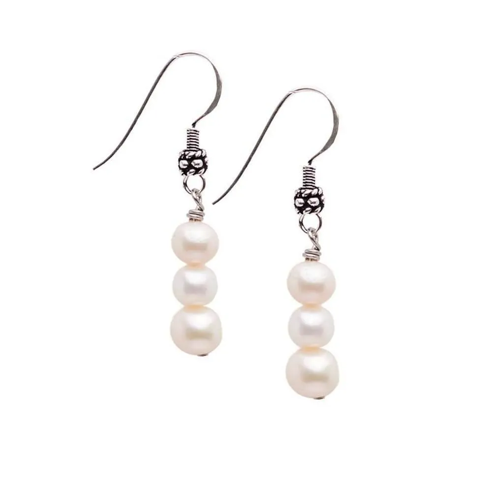 Handmade Women's Natural Gemstone Triple Beads and Sterling Silver Dangle Drop Earrings | Gemstone Beaded Dangle Earrings Gift Ideas for Women, Girls (White Pearl)