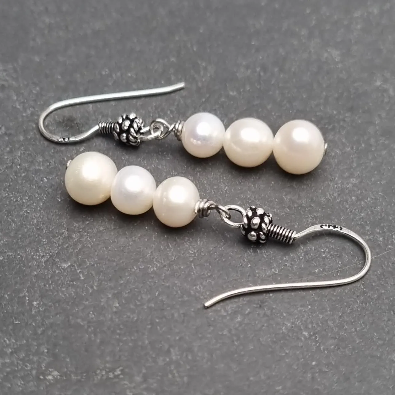 Handmade Women's Natural Gemstone Triple Beads and Sterling Silver Dangle Drop Earrings | Gemstone Beaded Dangle Earrings Gift Ideas for Women, Girls (White Pearl)
